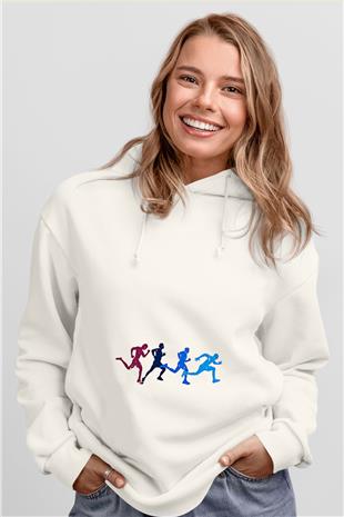 Koşu Baskılı Unisex Ekru Hoodie