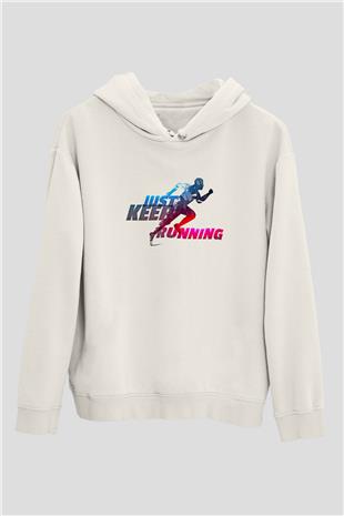 Koşu Baskılı Unisex Ekru Hoodie