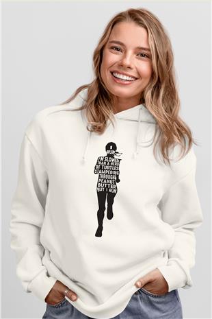 Koşu Baskılı Unisex Ekru Hoodie