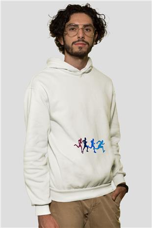Koşu Baskılı Unisex Ekru Hoodie