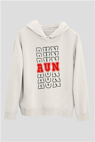 Koşu Baskılı Unisex Ekru Hoodie