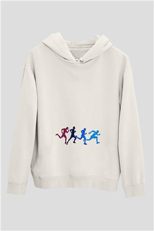 Koşu Baskılı Unisex Ekru Hoodie