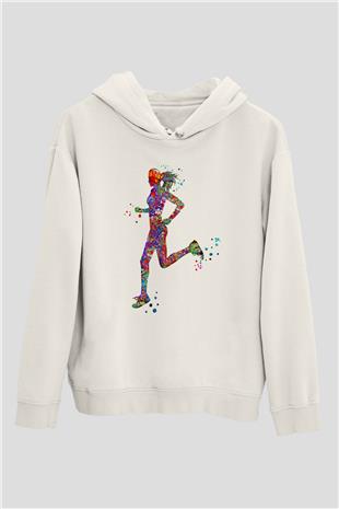 Koşu Baskılı Unisex Ekru Hoodie