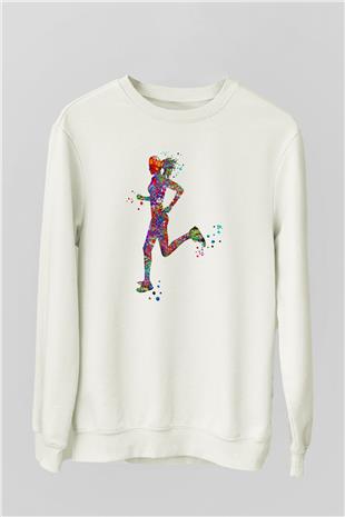 Koşu Baskılı Unisex Ekru Sweatshirt