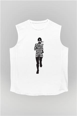 Koşu Baskılı Unisex Kolsuz Beyaz Tişört