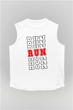 Koşu Baskılı Unisex Kolsuz Beyaz Tişört