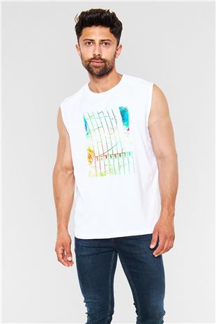Koşu Baskılı Unisex Kolsuz Beyaz Tişört