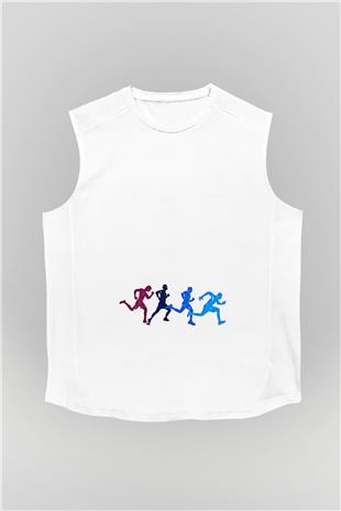 Koşu Baskılı Unisex Kolsuz Beyaz Tişört
