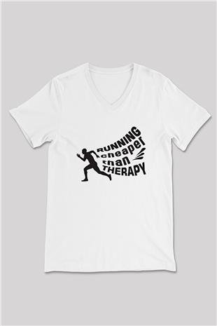 Koşu Baskılı Unisex V Yaka Tişört - Tshirt