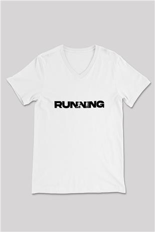 Koşu Baskılı Unisex V Yaka Tişört - Tshirt