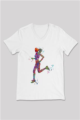 Koşu Baskılı Unisex V Yaka Tişört - Tshirt