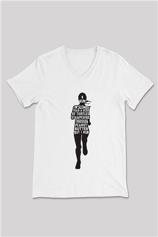 Koşu Baskılı Unisex V Yaka Tişört - Tshirt