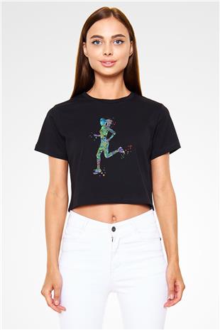 Koşu - Running Baskılı Crop Top Siyah Kadın Tişört - Tshirt