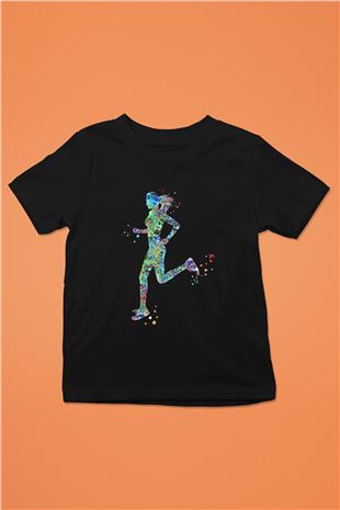 Koşu - Running Baskılı Unisex Siyah Çocuk Tİşörtü - Tshirt