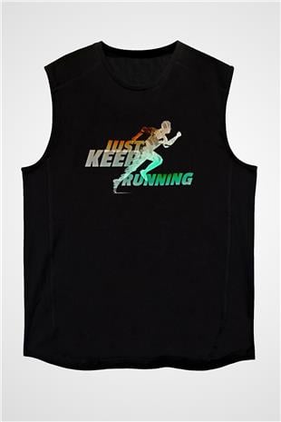 Koşu - Running Baskılı Unisex Siyah Kolsuz Tişört