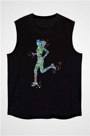 Koşu - Running Baskılı Unisex Siyah Kolsuz Tişört