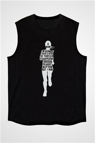 Koşu - Running Baskılı Unisex Siyah Kolsuz Tişört