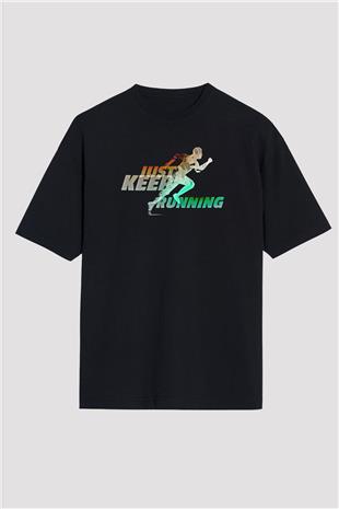 Koşu - Running Baskılı Unisex Siyah Oversize Tişört