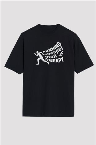 Koşu - Running Baskılı Unisex Siyah Oversize Tişört