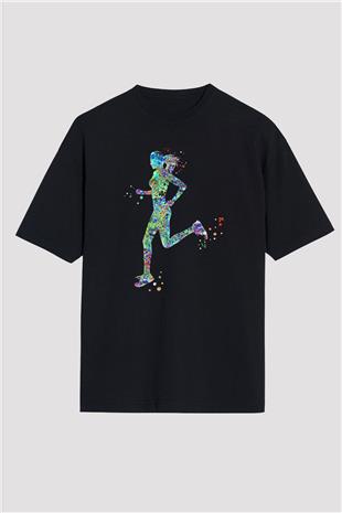 Koşu - Running Baskılı Unisex Siyah Oversize Tişört