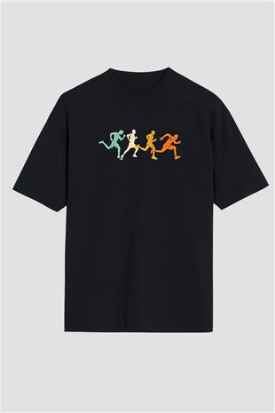 Koşu - Running Baskılı Unisex Siyah Oversize Tişört