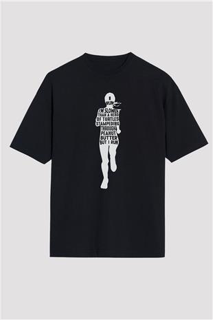 Koşu - Running Baskılı Unisex Siyah Oversize Tişört