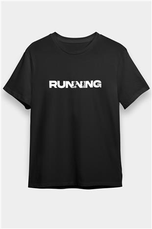 Koşu - Running Baskılı Unisex Siyah Tişört - Tshirt