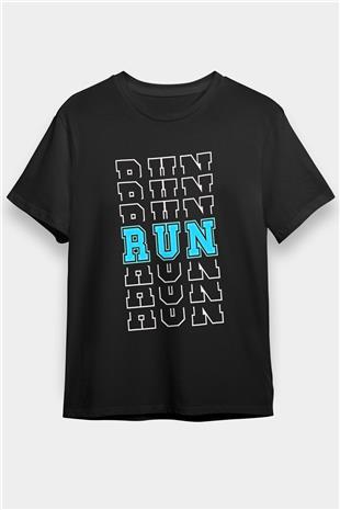 Koşu - Running Baskılı Unisex Siyah Tişört - Tshirt