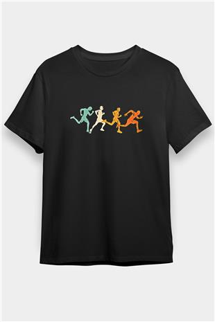 Koşu - Running Baskılı Unisex Siyah Tişört - Tshirt