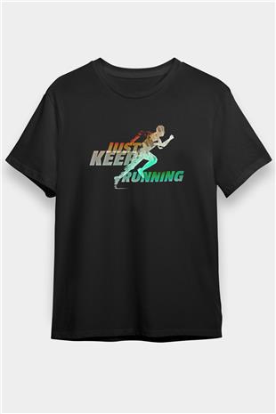 Koşu - Running Baskılı Unisex Siyah Tişört - Tshirt