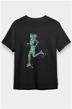 Koşu - Running Baskılı Unisex Siyah Tişört - Tshirt