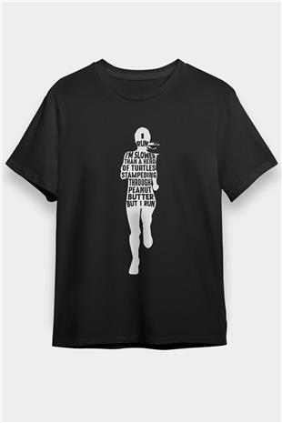 Koşu - Running Baskılı Unisex Siyah Tişört - Tshirt