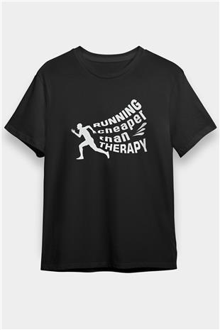 Koşu - Running Baskılı Unisex Siyah Tişört - Tshirt