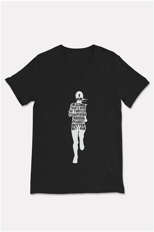 Koşu - Running Baskılı Unisex Siyah V Yaka Tişört