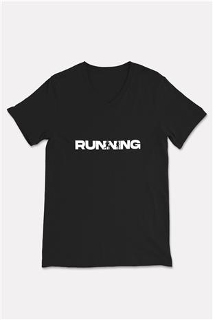 Koşu - Running Baskılı Unisex Siyah V Yaka Tişört