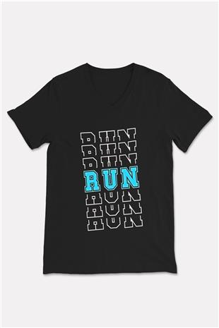 Koşu - Running Baskılı Unisex Siyah V Yaka Tişört