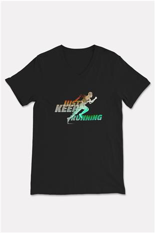 Koşu - Running Baskılı Unisex Siyah V Yaka Tişört