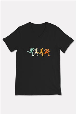 Koşu - Running Baskılı Unisex Siyah V Yaka Tişört