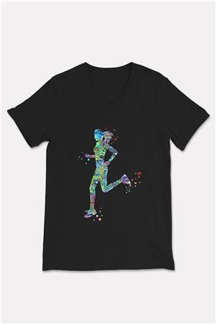 Koşu - Running Baskılı Unisex Siyah V Yaka Tişört