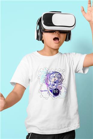 Kova Burcu Baskılı Beyaz Unisex Beyaz Çocuk Tişört - Tshirt