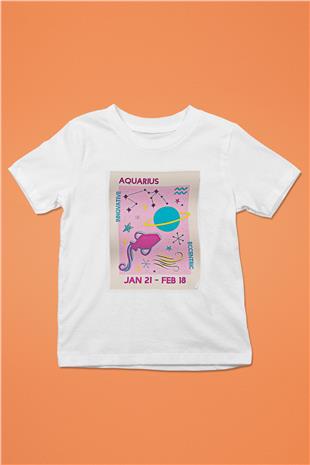 Kova Burcu Baskılı Beyaz Unisex Beyaz Çocuk Tişört - Tshirt