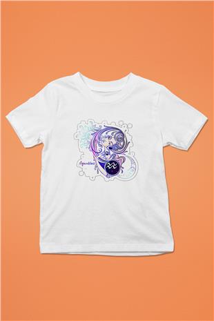 Kova Burcu Baskılı Beyaz Unisex Beyaz Çocuk Tişört - Tshirt