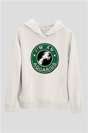 Kova Burcu Baskılı Beyaz Unisex Hoodie