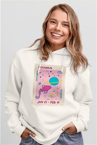 Kova Burcu Baskılı Beyaz Unisex Hoodie