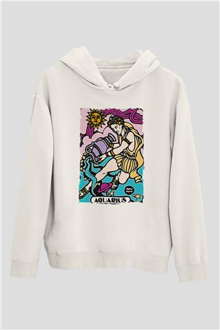 Kova Burcu Baskılı Beyaz Unisex Hoodie