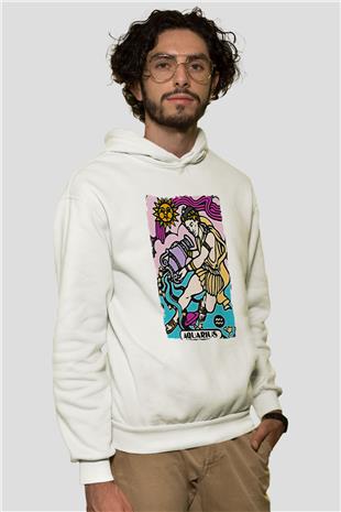 Kova Burcu Baskılı Beyaz Unisex Hoodie