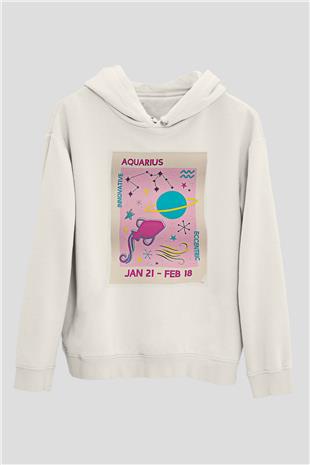 Kova Burcu Baskılı Beyaz Unisex Hoodie