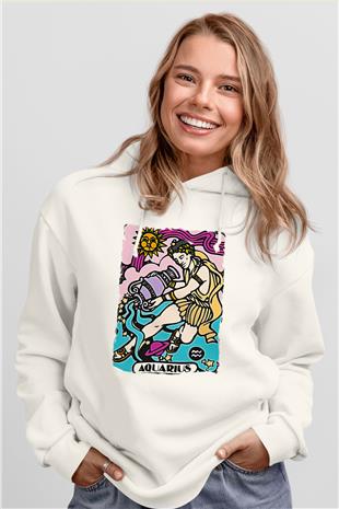 Kova Burcu Baskılı Beyaz Unisex Hoodie