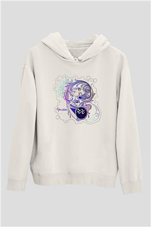 Kova Burcu Baskılı Beyaz Unisex Hoodie