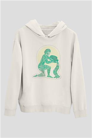 Kova Burcu Baskılı Beyaz Unisex Hoodie